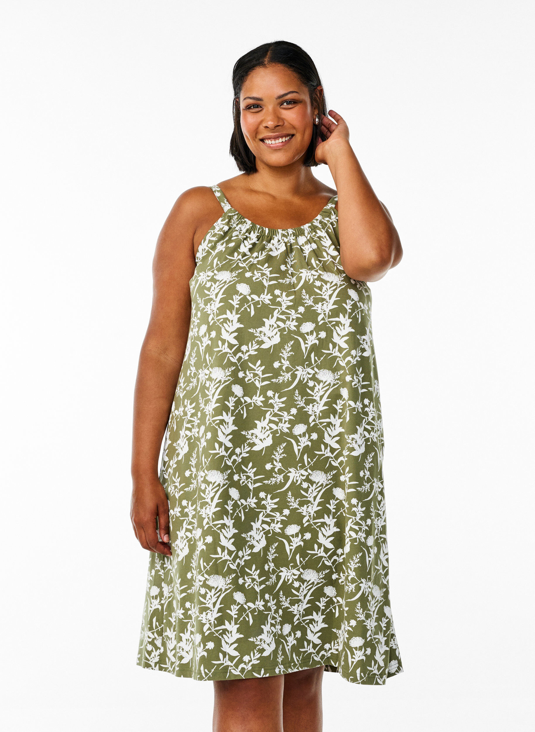 ZizziMidi strap dress in organic cotton, Gr&oslash;nn, Model image number 0