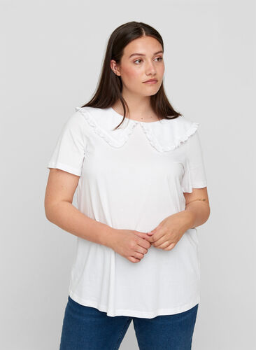 T-skjorte i bomull med krage, Bright White, Model image number 0