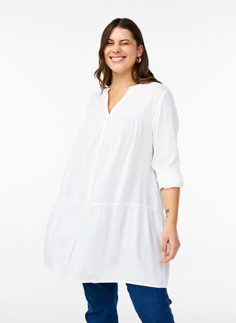 Tunika med V-hals og rynkede detaljer, Hvit, Model image number 0