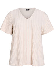 Bluse med korte ermer og stripete tekstur, Sand w. Lurex