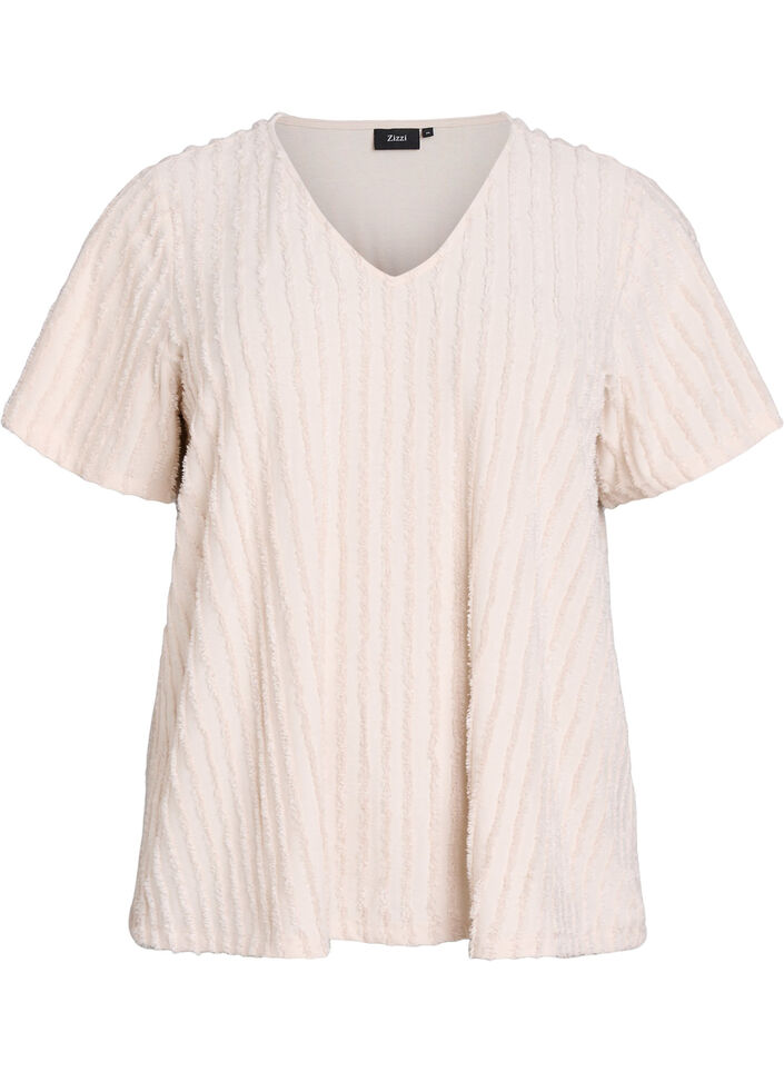 Bluse med korte ermer og stripete tekstur, Beige, Packshot image number 0