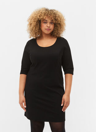 Ensfarget kjole med 3/4-ermer og splitt, Black, Model image number 0
