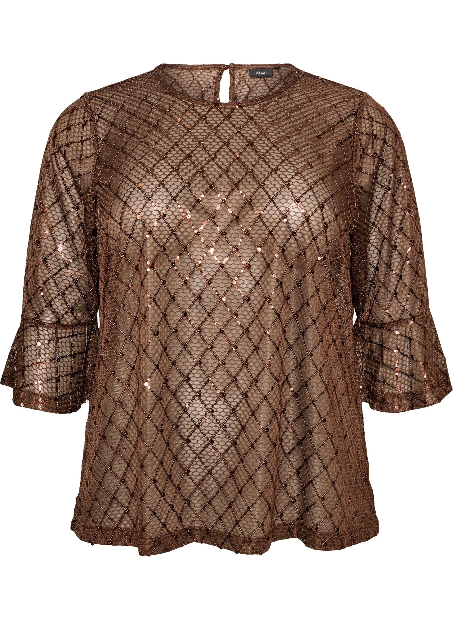 ZizziGjennomsiktig bluse med paljetter og diamantm&oslash;nster, Brun, Packshot image number 0