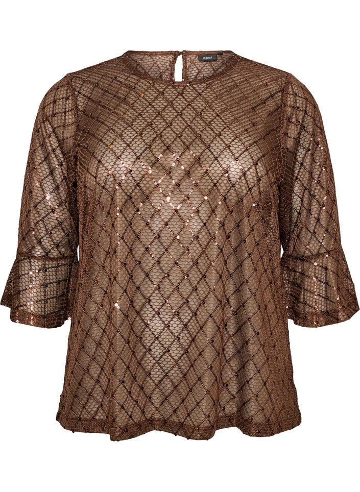 Gjennomsiktig bluse med paljetter og diamantm&oslash;nster, Brun, Packshot image number 0