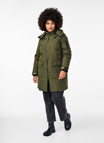 Zizzi Praktisk vinterjakke med hette og lommer, Grønn, Model image number 1