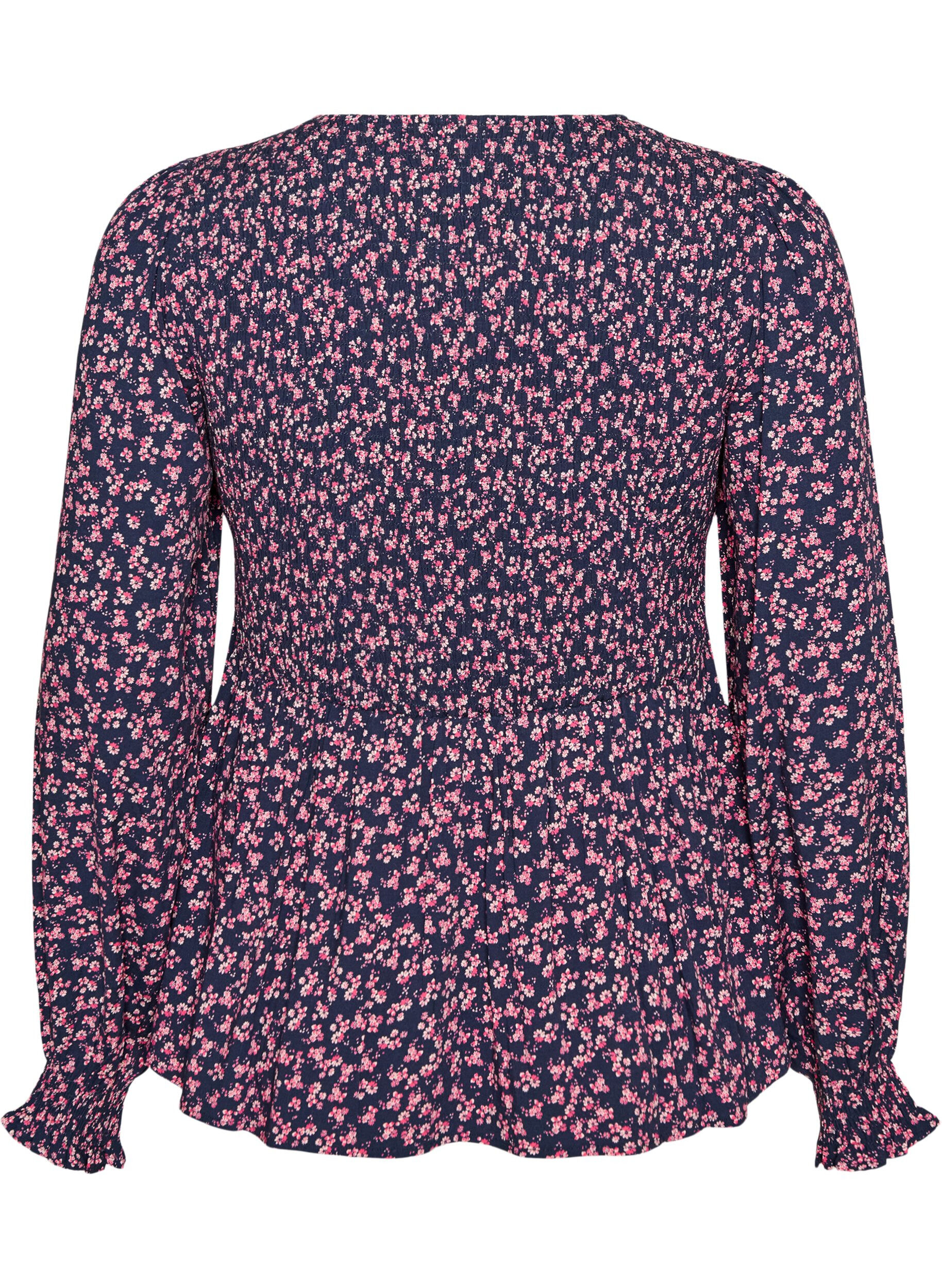 ZizziBluse med smocket topp og blomstertrykk, Bl&aring;, Packshot image number 1