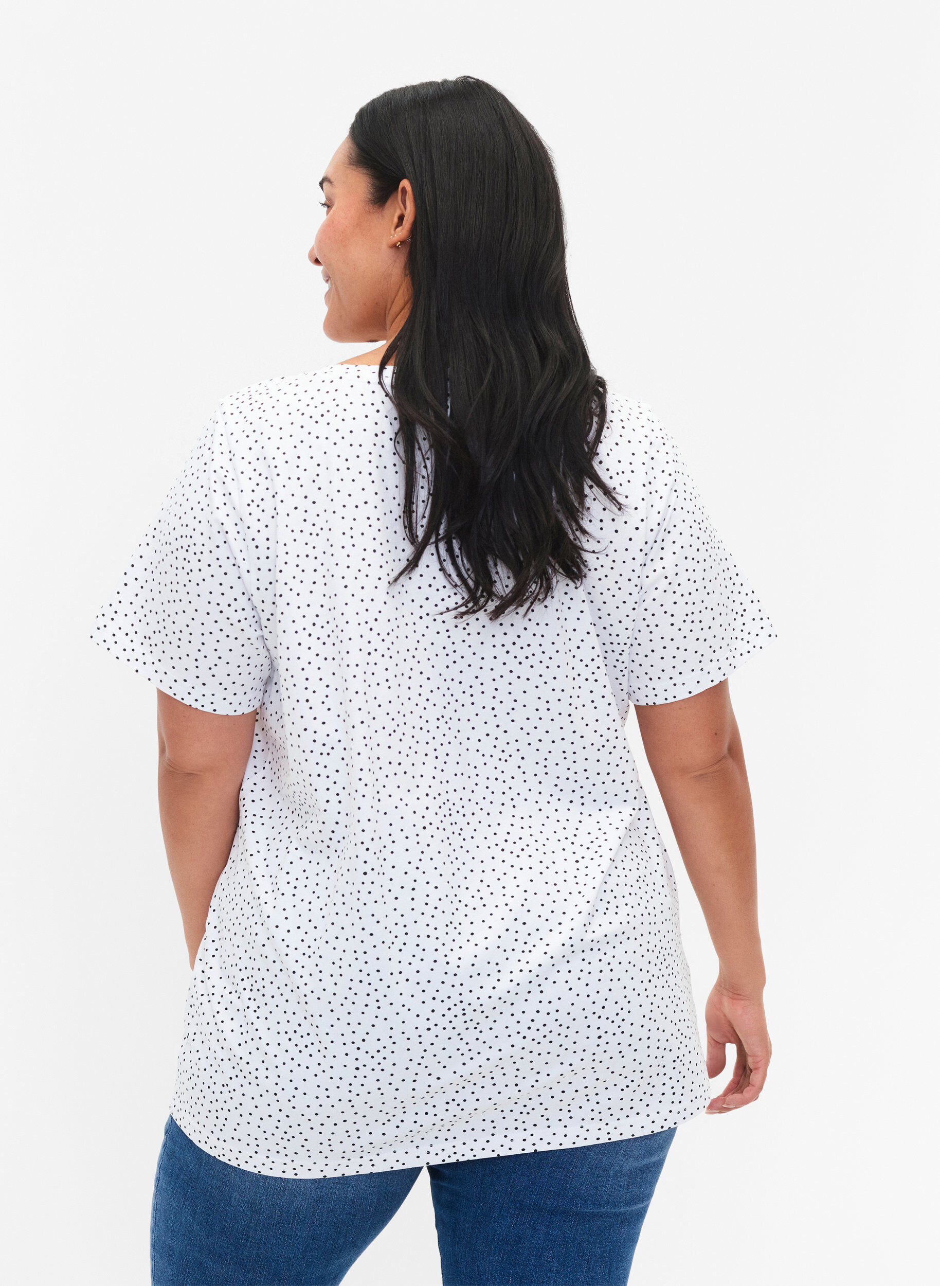 Zizzi T-skjorte i bomull med striper og v-hals, B.White/Black Dot, Model image number 1