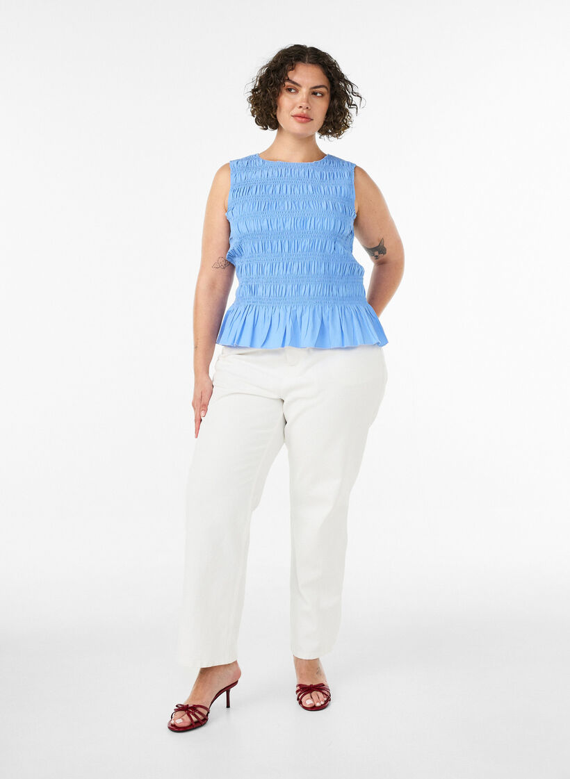 Smock-topp med b&aring;thals og peplum-fald, Bl&aring;, Model