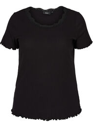 T-skjorte i ribbet struktur med blondekant, Black