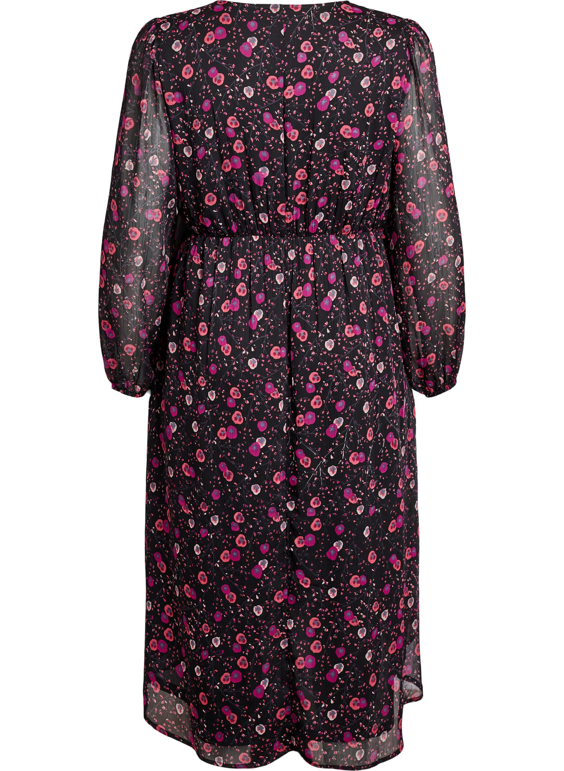 ZizziChiffonkjole med blomstertrykk og lange ermer, Svart, Packshot image number 1