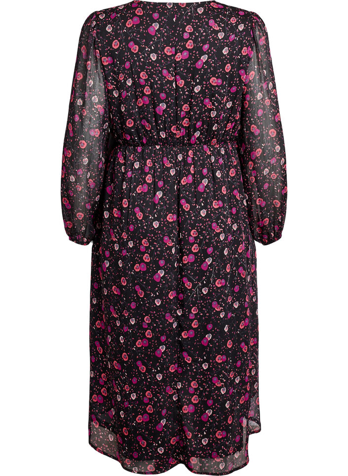 Chiffonkjole med blomstertrykk og lange ermer, Svart, Packshot image number 1