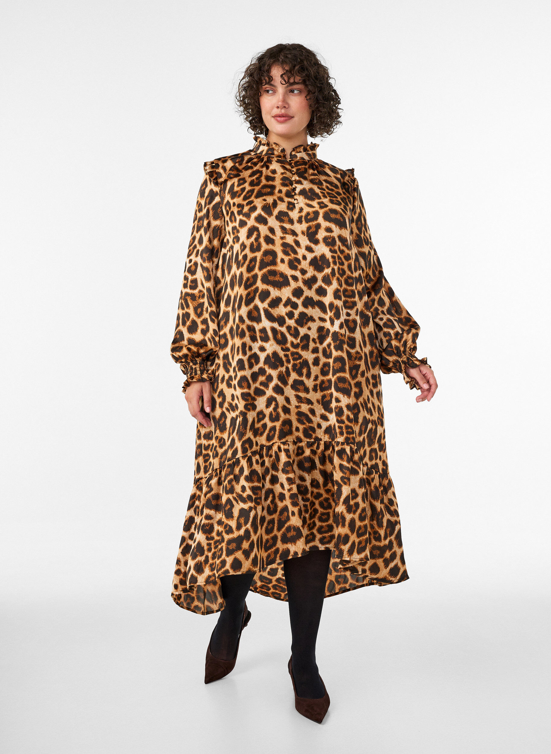 ZizziKjole med leopardtrykk og volangdetaljer, Brun, Model image number 0