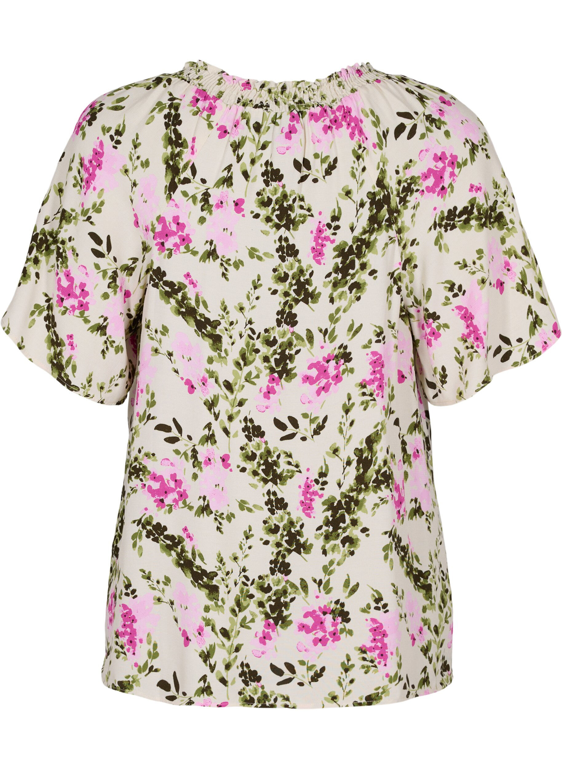Zizzi Viskosebluse med korte ermer, Green Pink AOP, Packshot image number 1