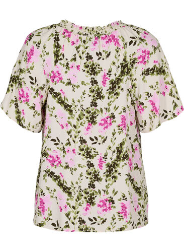 Viskosebluse med korte ermer, Green Pink AOP, Packshot image number 1