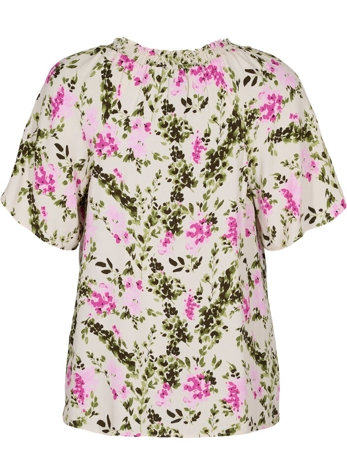 Viskosebluse med korte ermer, Green Pink AOP, Packshot image number 1