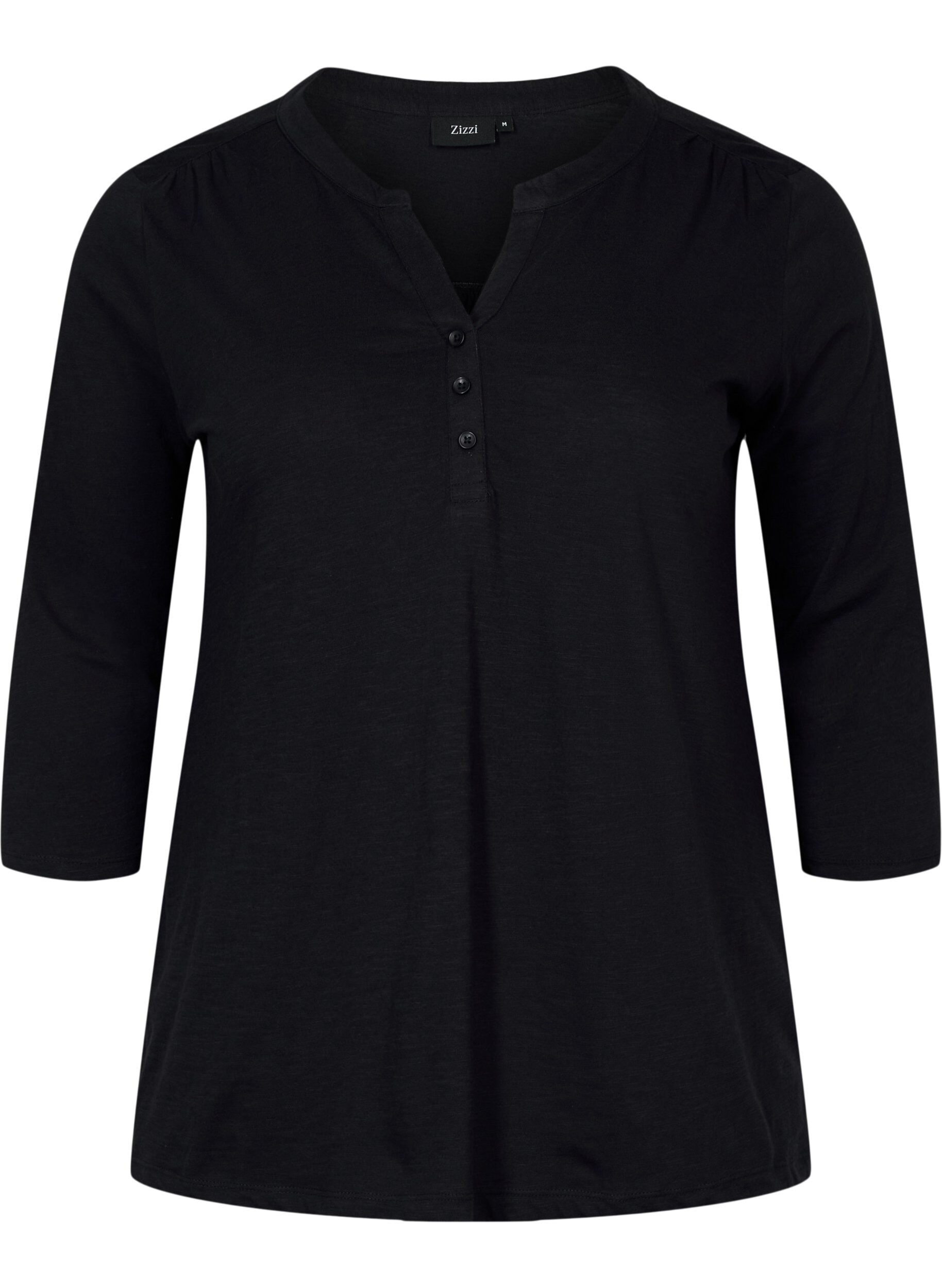 Zizzi Bluse i bomull med 3/4-ermer, Black, Packshot image number 0