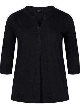 Bluse i bomull med 3/4-ermer, Black, Packshot image number 0