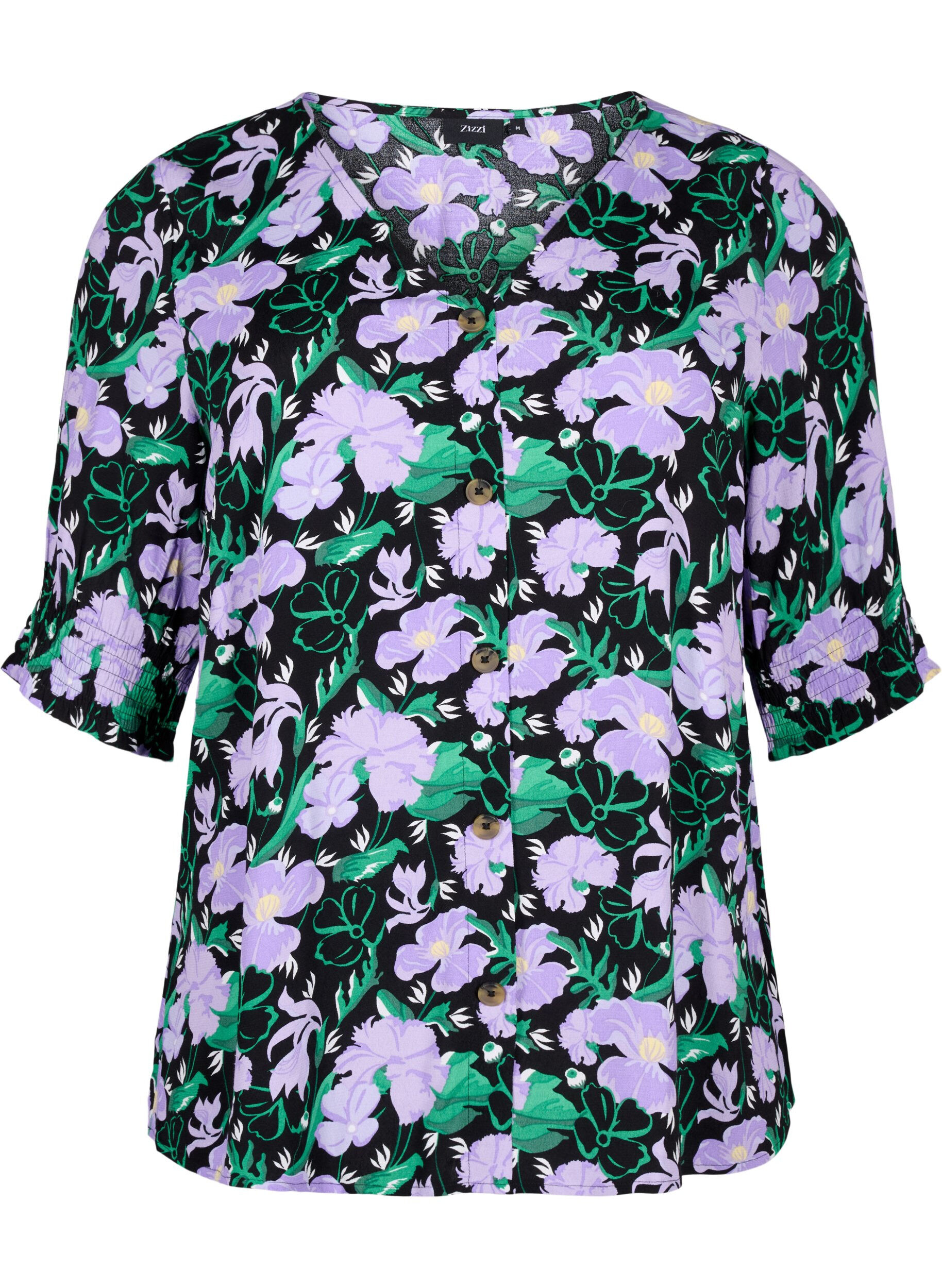 Zizzi Bluse i viskose med knapper, Black Small Flower, Packshot image number 0