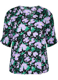 Bluse i viskose med knapper, Black Small Flower
