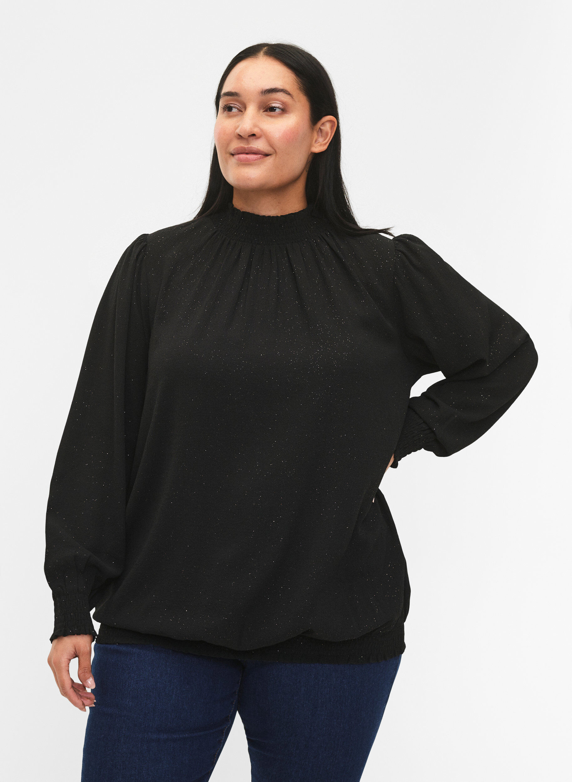 Zizzi FLASH - langermet bluse med smokk og glitter	, Black w. Silver, Model image number 0