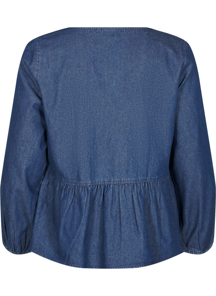 Peplumbluse i denim med snøring, Blå, Packshot image number 1