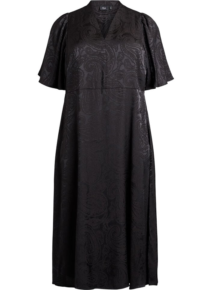 Midiskjørt jacquard kjole med paisleymønster og flaggermus ermer, Svart, Packshot image number 0