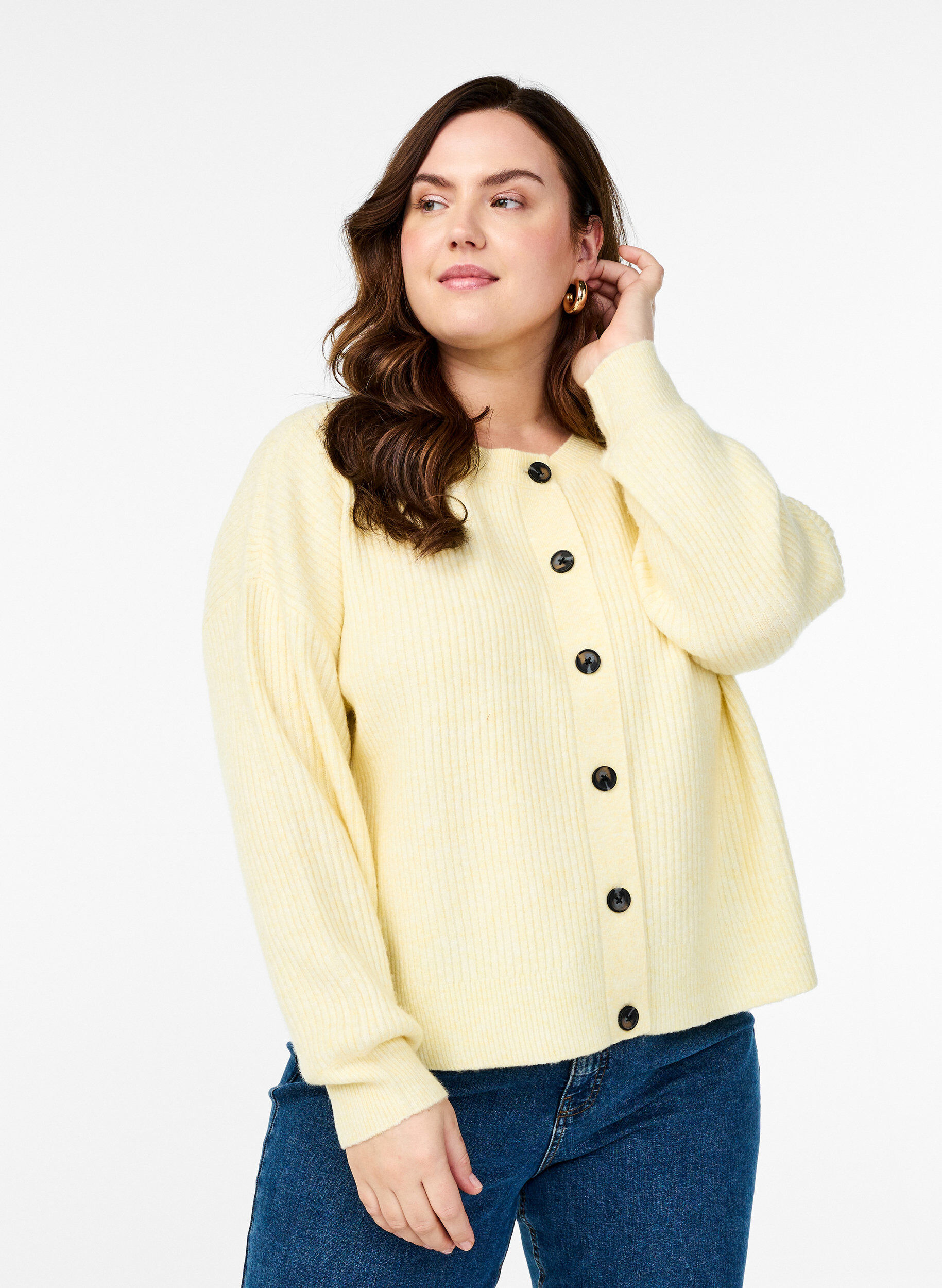 Ribbestrikket cardigan med knapper - Gul - Str. 40-64 - Zizzi