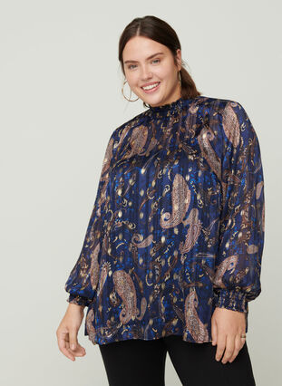 Mønstrete bluse med høy hals og smock, Paisley Foil, Model image number 0