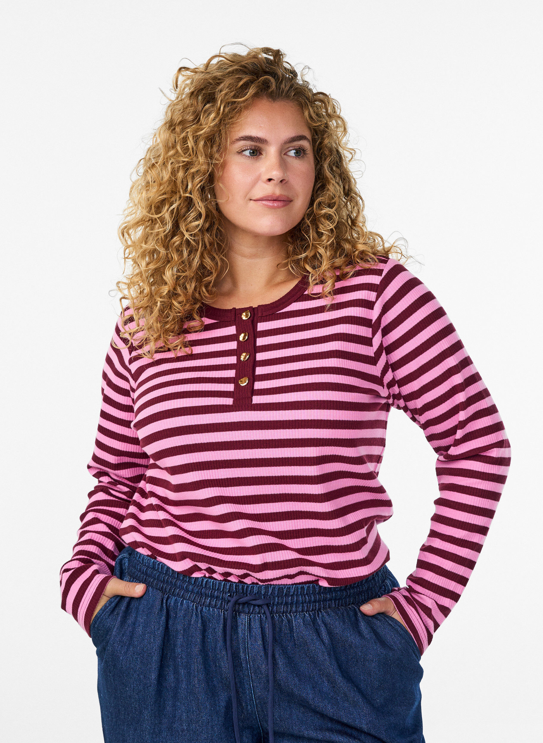 Zizzi Stripete jerseybluse med ribbet tekstur, Rosa, Model image number 0