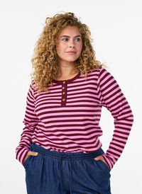 Stripete jerseybluse med ribbet tekstur, Rosa Stripete jerseybluse med ribbet tekstur, Rosa, Model