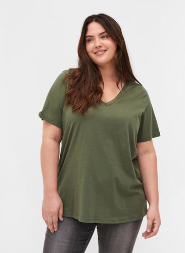 T-skjorte i organisk bomull med V-hals, Thyme, Model image number 0