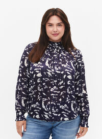 Mønstrete bluse med smock, Blue Leaf AOP, Model