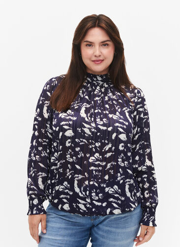 Mønstrete bluse med smock, Blue Leaf AOP, Model image number 0