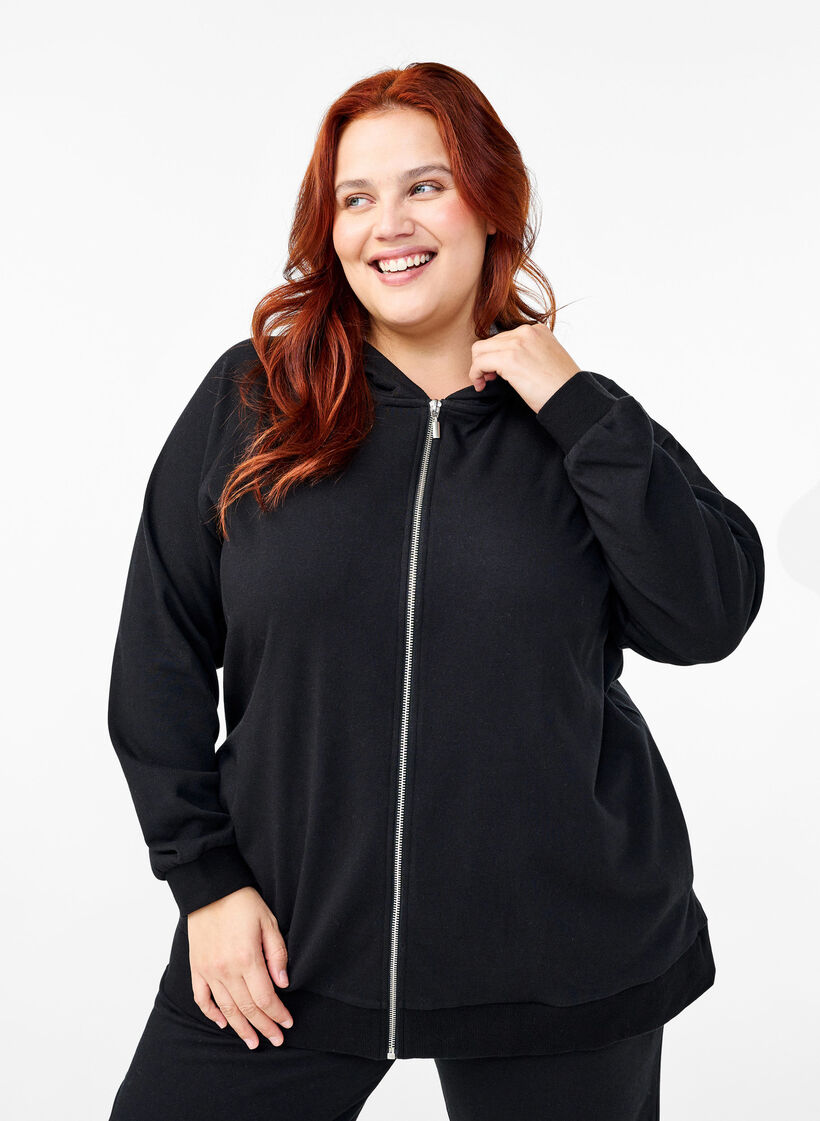 Sweat-cardigan med hette og lommer, Svart, Model image number 0