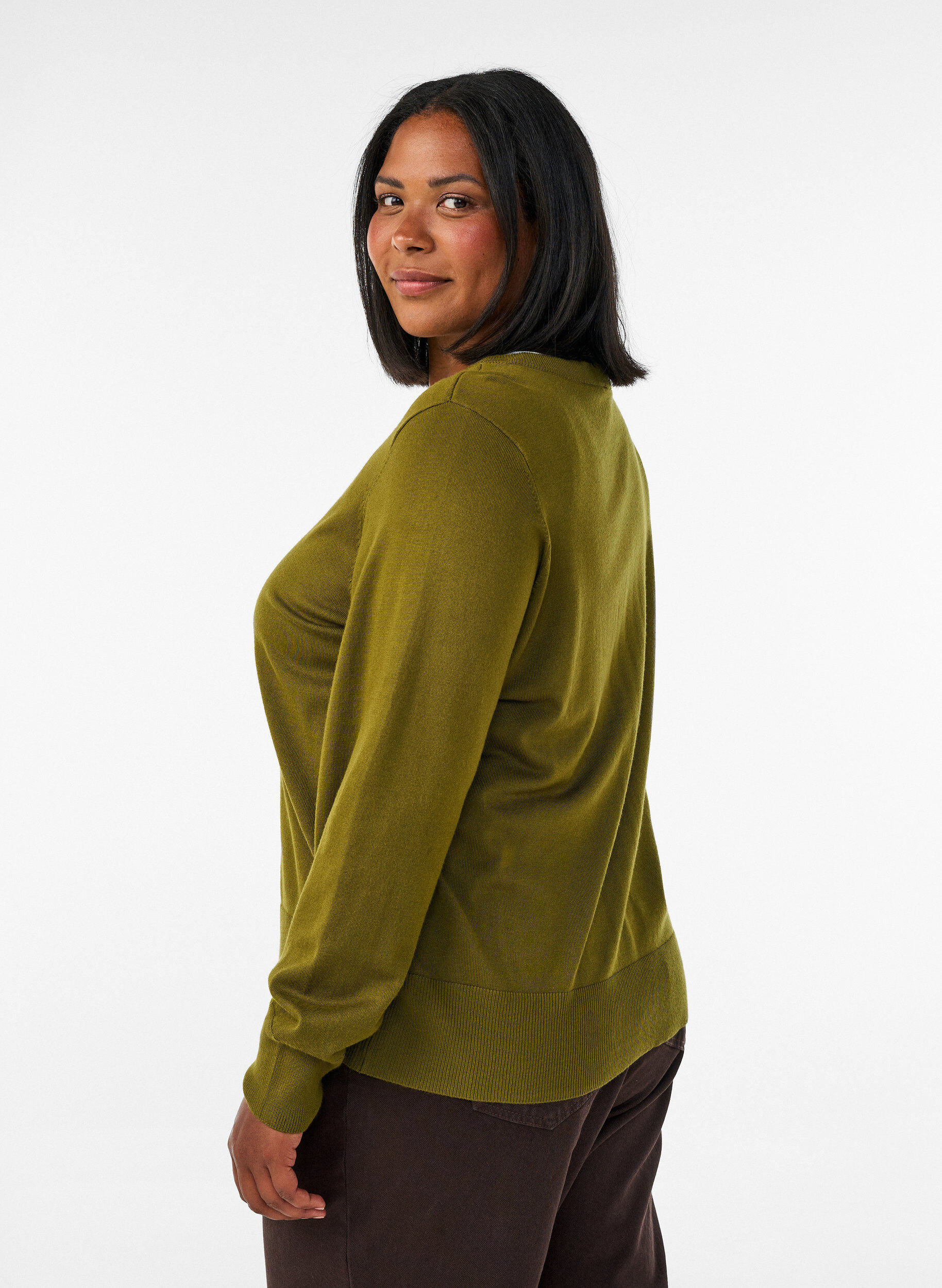 ZizziStrikkecardigan med rund hals og knapper, Gr&oslash;nn, Model image number 2