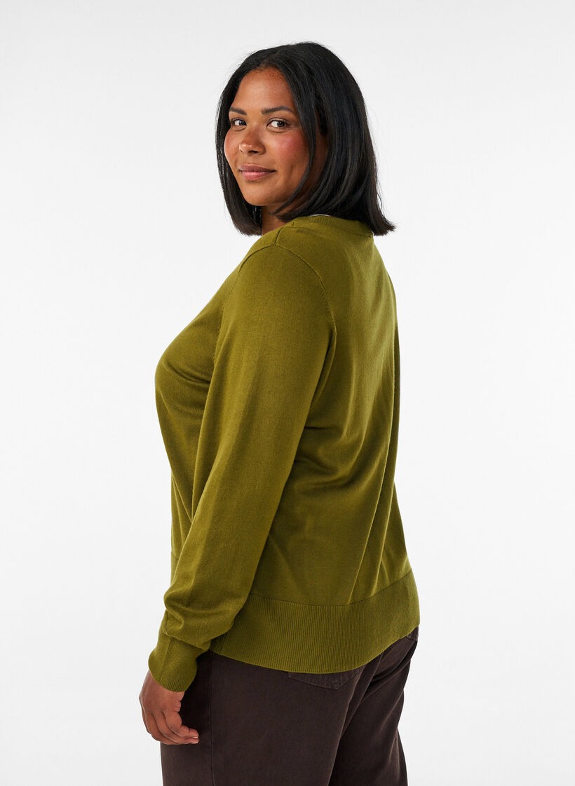 Strikkecardigan med rund hals og knapper, Gr&oslash;nn, Model image number 2