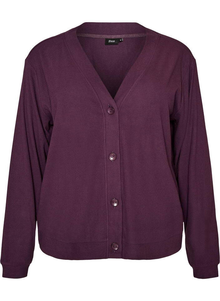 Ribbestrikket jerseycardigan med V-hals, Lilla, Packshot image number 0