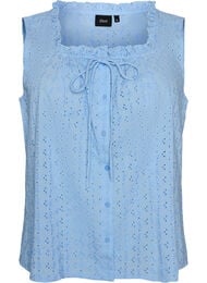 Ermel&oslash;s bluse med broderi anglaise og volanger, Bl&aring;