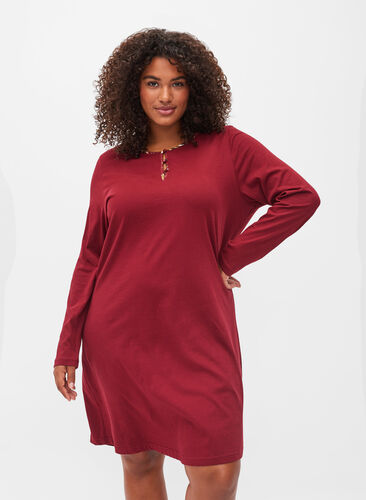 Nattkjole i bomull med lange ermer, Cabernet, Model image number 0