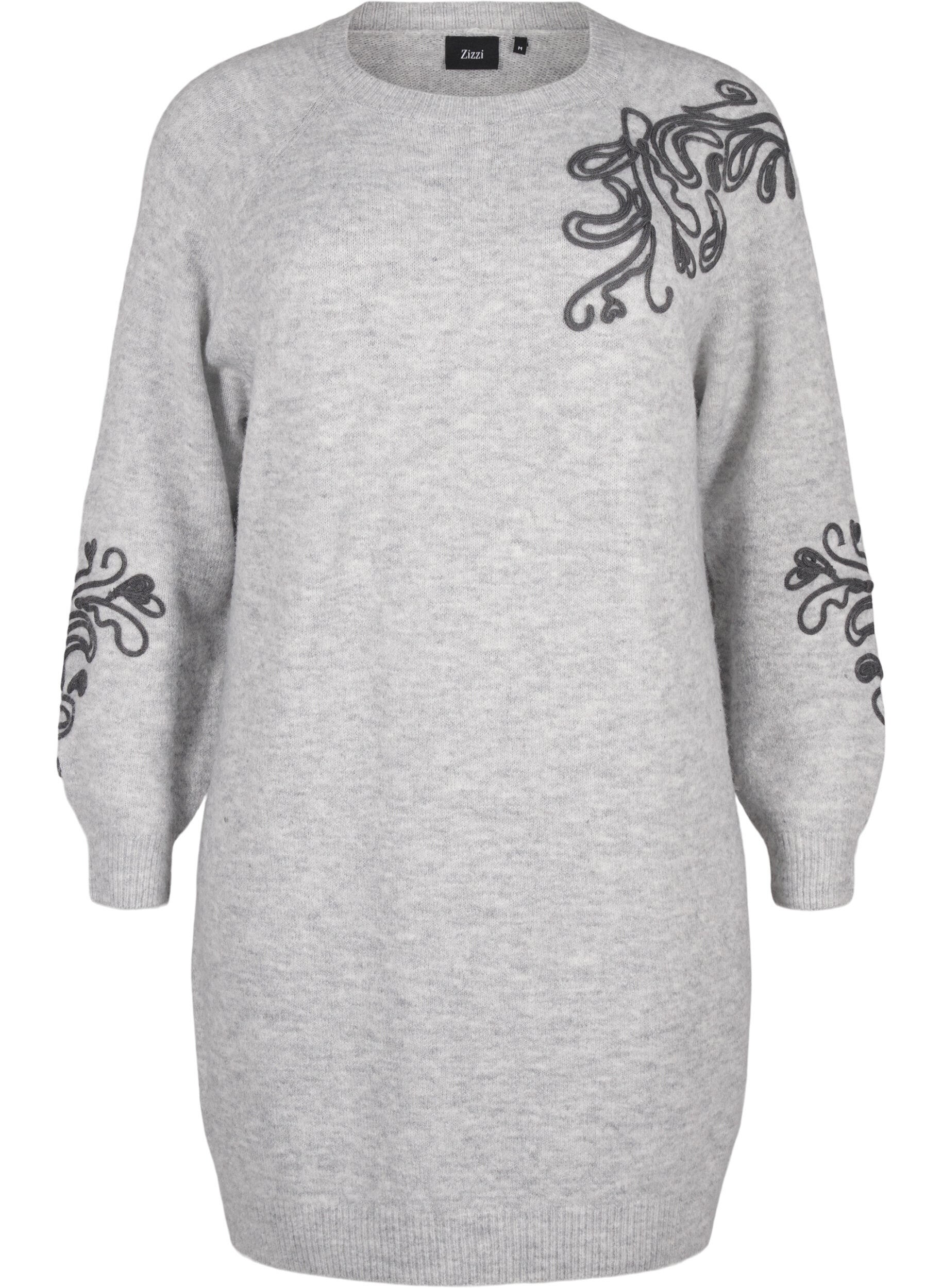 Zizzi Strikket kjole med dekor, Light Grey Melange, Packshot image number 0