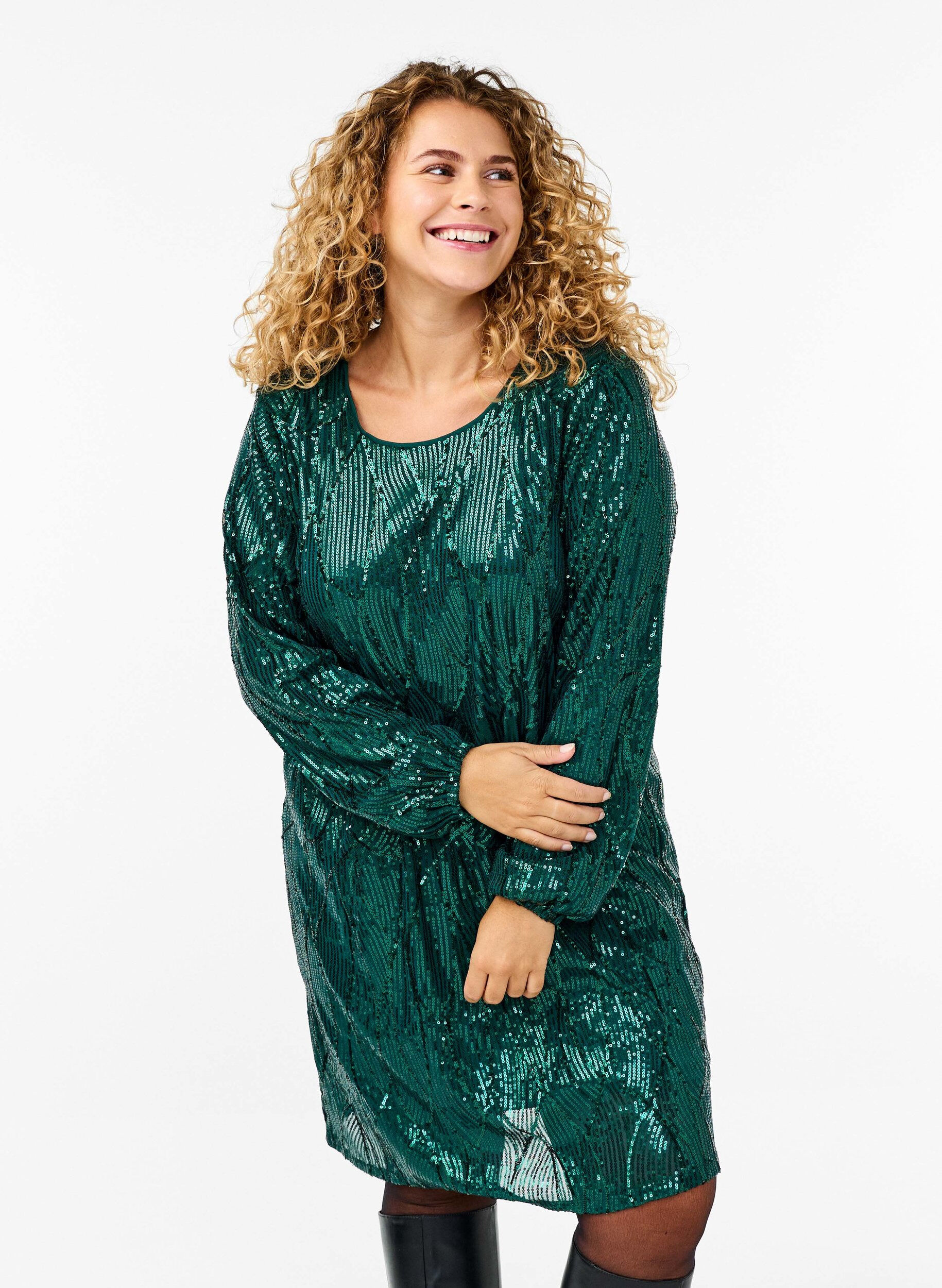 Zizzi Langermet paljettkjole med m&oslash;nster, Rain Forest, Model image number 0
