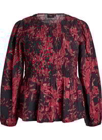 Bluse med smock og lange ermer, Svart Bluse med smock og lange ermer