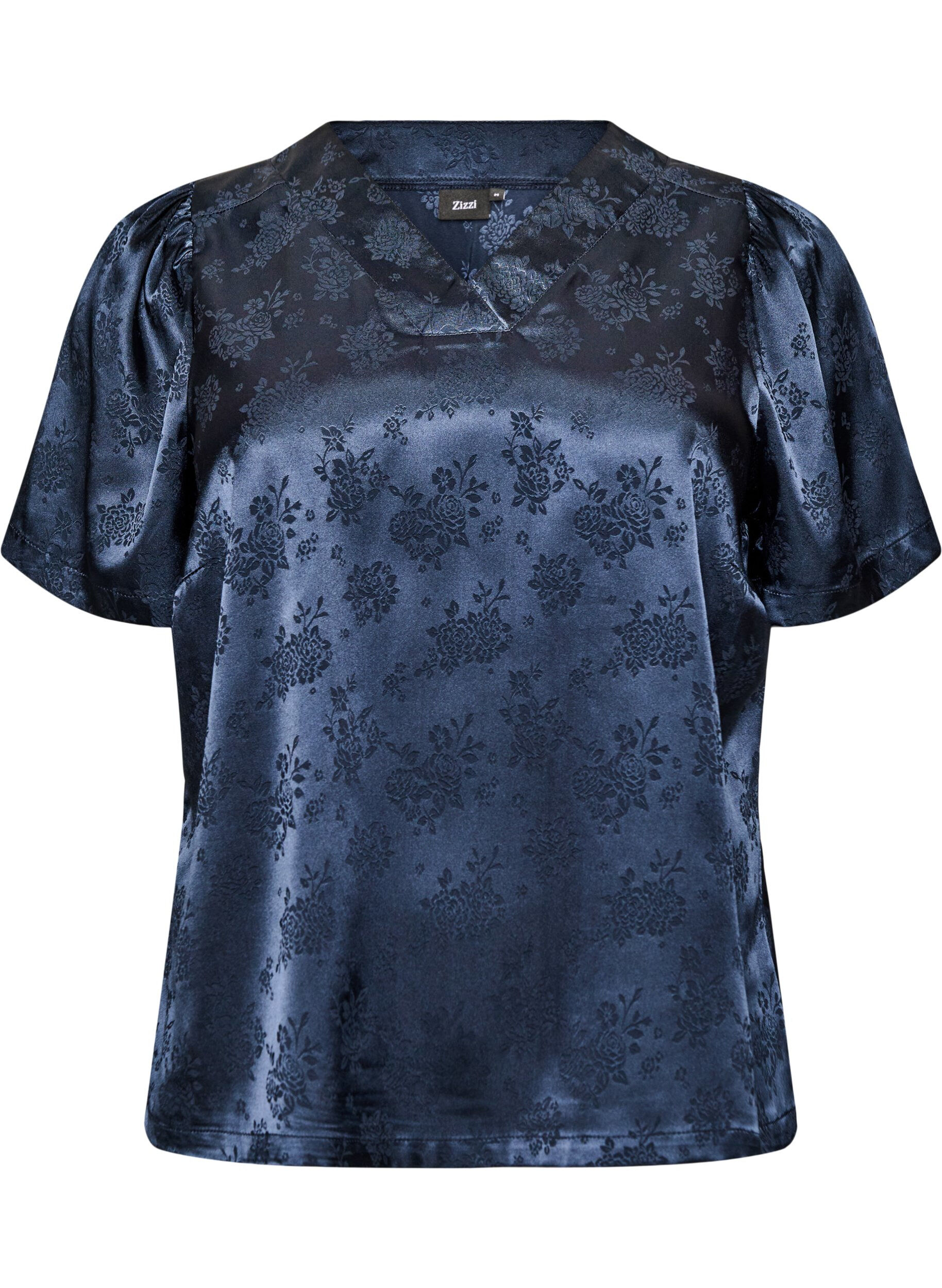 Satinbluse med blomstertrykk og V-hals