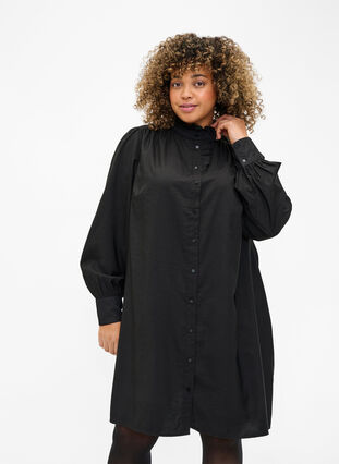 Viscose skjorte kjole med ruffles, Black, Model image number 0