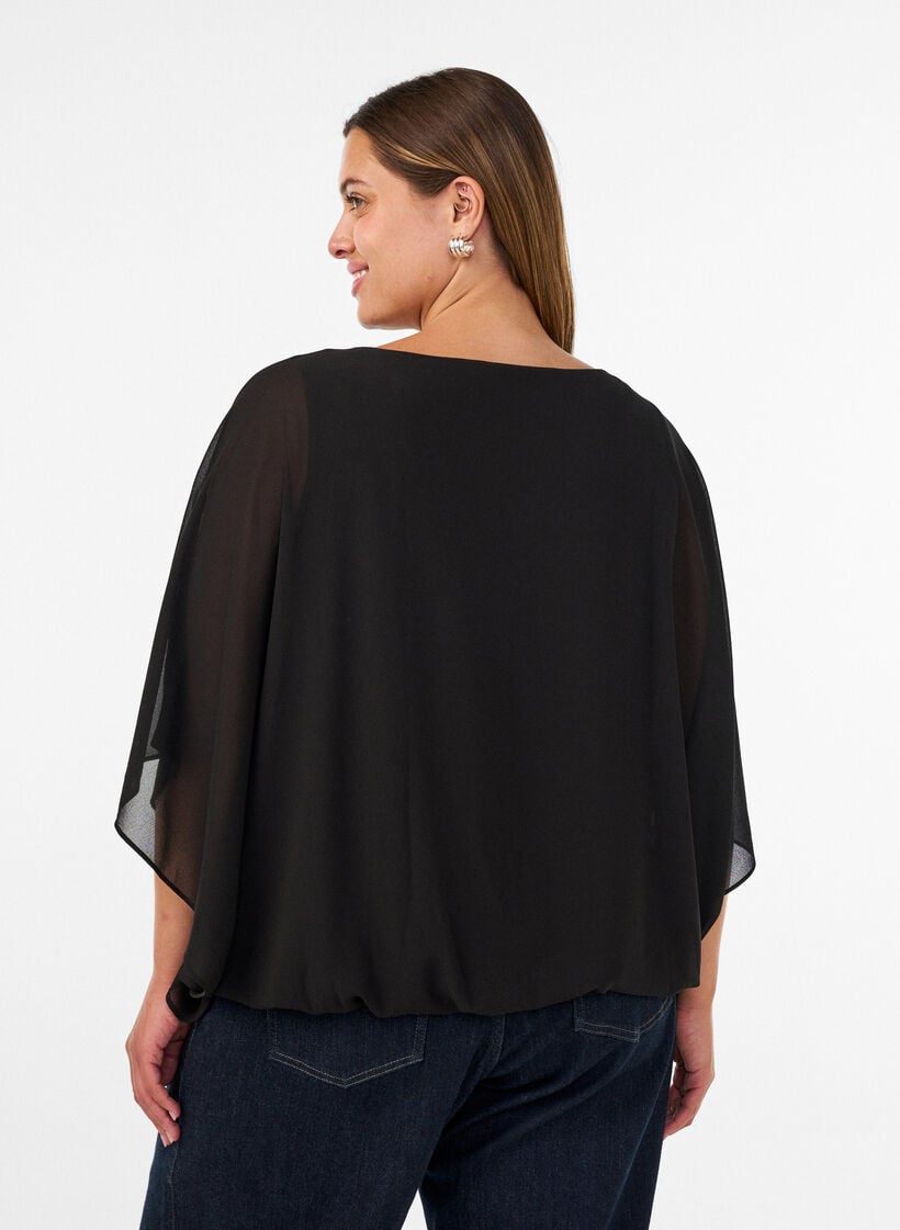 Chiffonbluse med ballongeffekt, Svart, Model image number 2