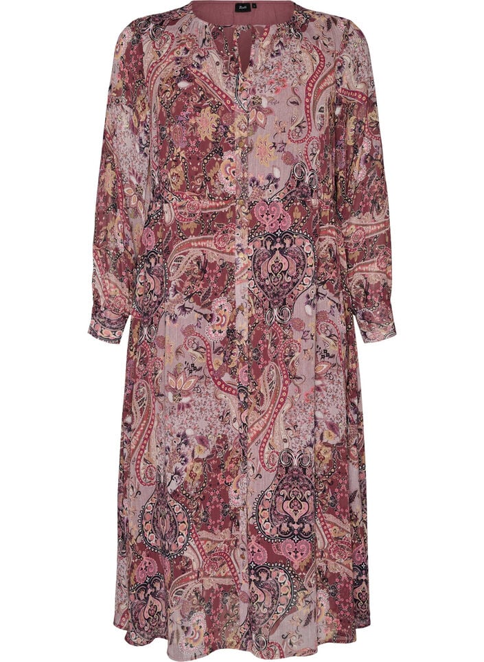 Midikjole med paisley-trykk og elastisk midje, Lilla, Packshot image number 0