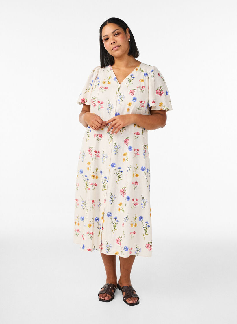 Midikjole i lin og viskose med volangermer, Beige, Model image number 0