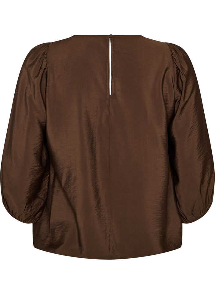 Bluse med 3/4 ermer og blondedetaljer, Brun, Packshot image number 1