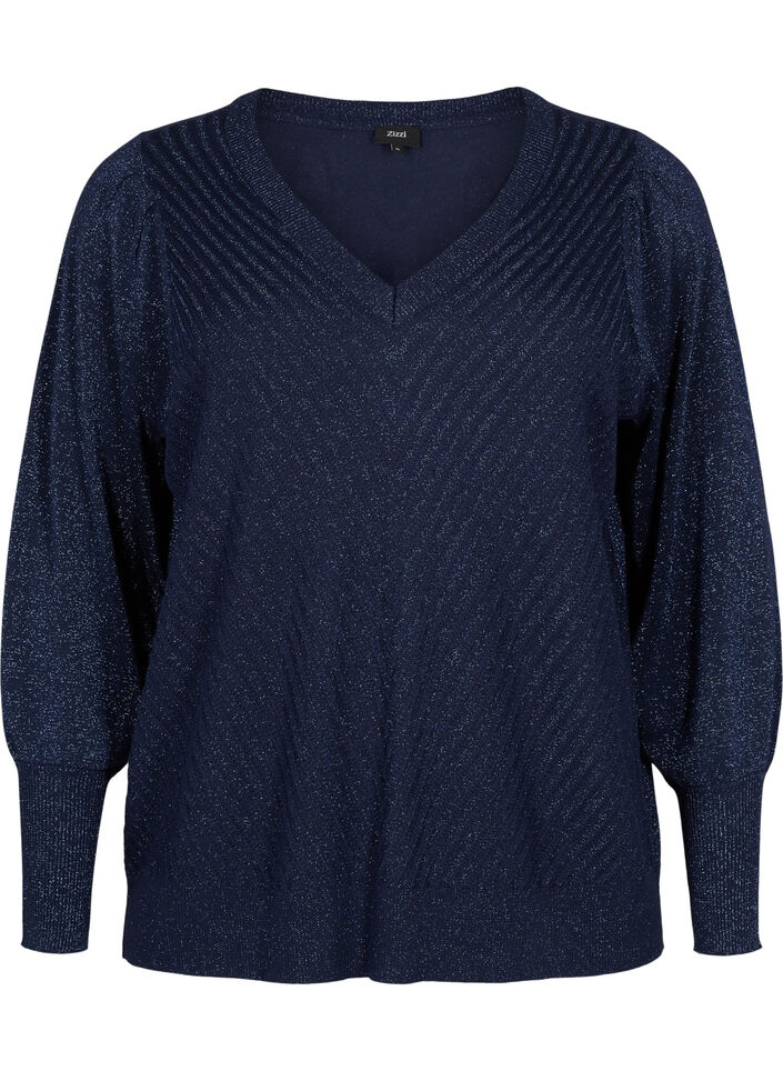 Strikket bluse med shimmer og V-hals, Naval A.w.Blue Lurex, Packshot image number 0