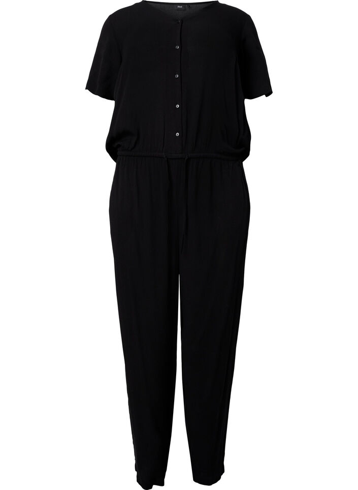 Jumpsuit i viskose med korte ermer Svart Str. 4264 Zizzi